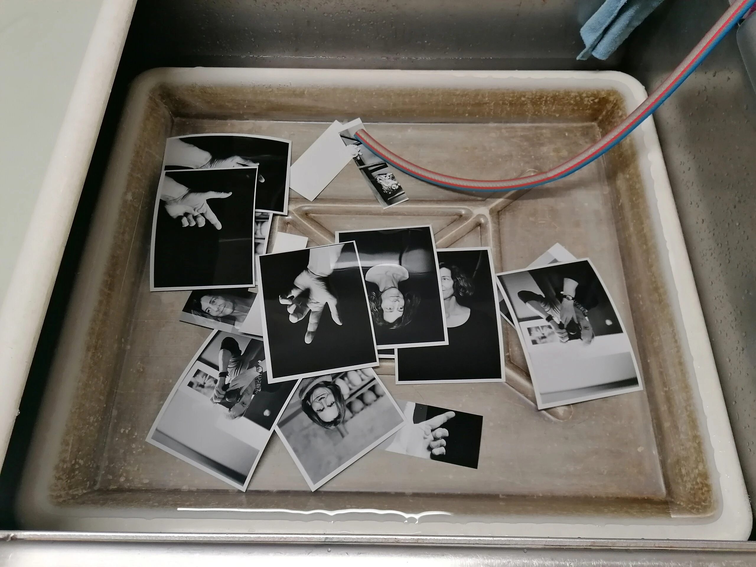 entwickelte Fotos in einer Wasserwanne eines Fotolabors